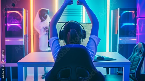 woman playing video games and winning celebrating victory. woman gaming computer sitting in the room