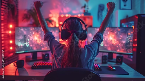 woman playing video games and winning celebrating victory. woman gaming computer sitting in the room photo