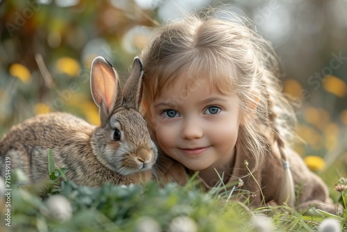 An adorable fluffy bunny playing with a child in a tender moment. Rabbit with soft fur and curious eyes in a silent bond of friendship with a child. © Vagner Castro