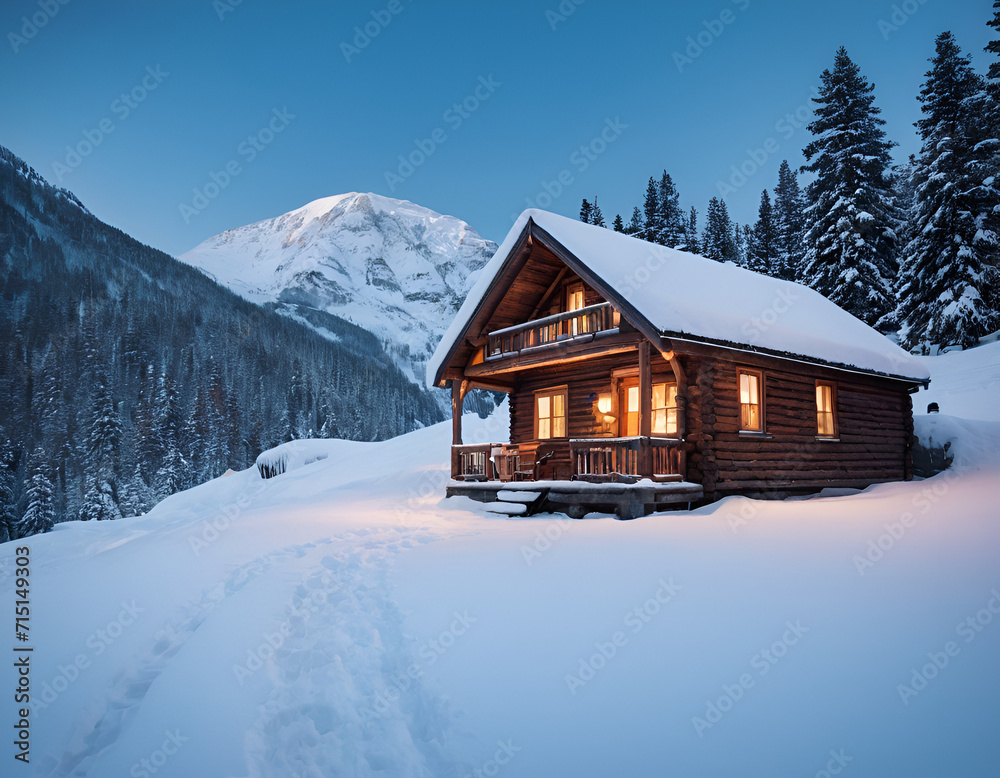 Illuminated Cabin on Snowy Evening Illuminated Cabin on Snowy Evening