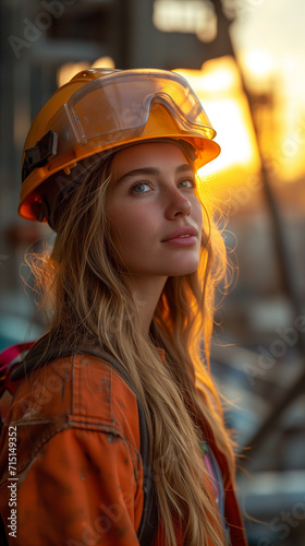 Empowered Woman: Engineer Overseeing Construction Site at Sunset
