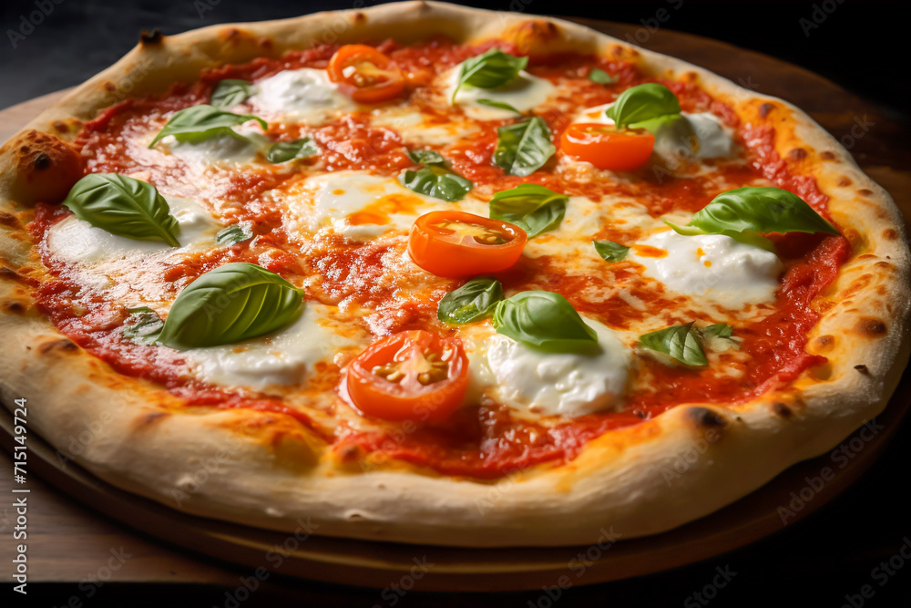 Illustration of a delicious Margherita pizza. Melting cheese, crispy baked and cut pizza. Illustration of a delicious Margherita pizza. Melting cheese, crispy baked and cut pizza.