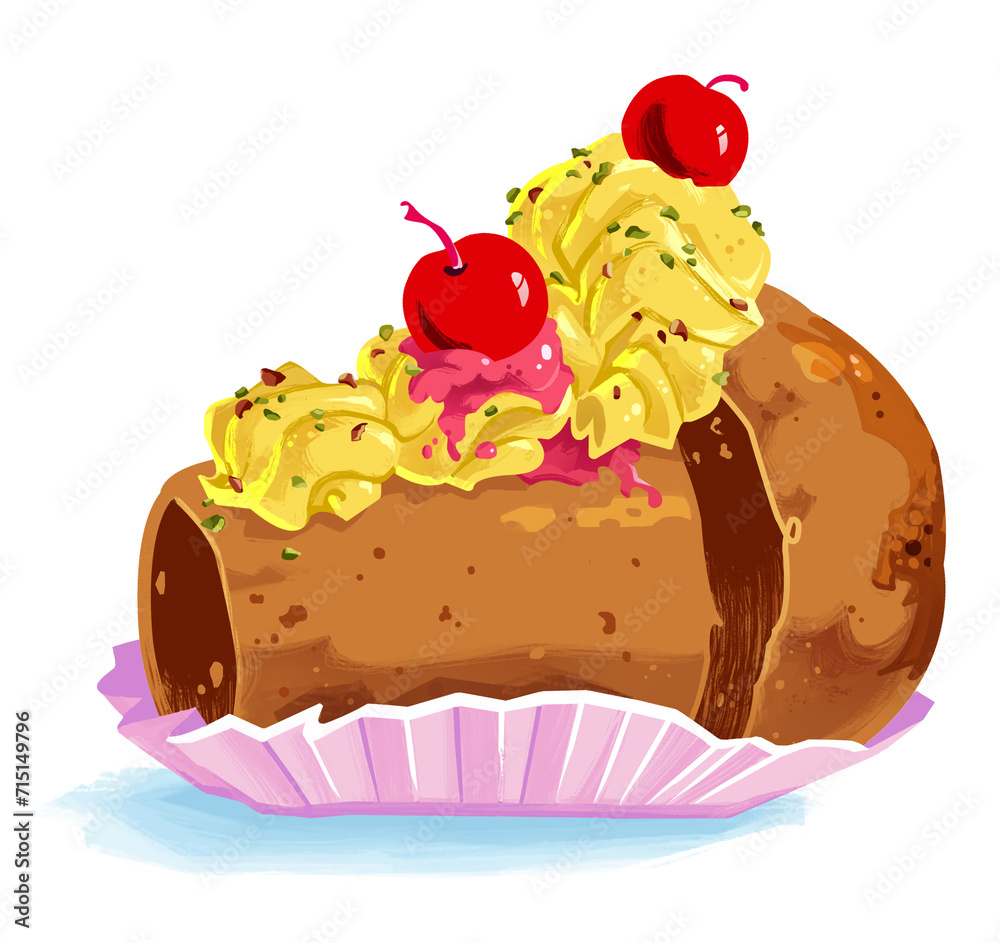 Babà al rum con crema pasticcera, ciliegia al maraschino, rosso. Pasticceria. Cibo. Babà al rum con crema pasticcera, ciliegia al maraschino, rosso. Pasticceria. Cibo.