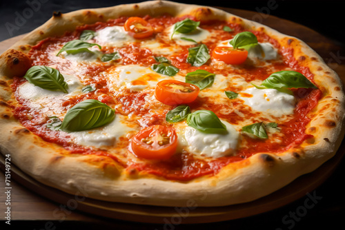 Illustration of a delicious Margherita pizza. Melting cheese, crispy baked and cut pizza.