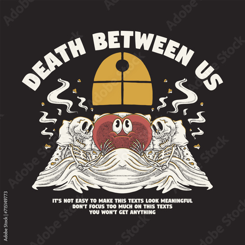 retro cartoon emblem of sleeping heart with skeletons