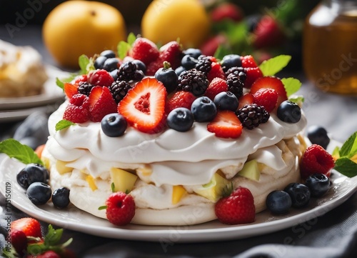 Pavlova cake topped with fresh berries and whipped cream