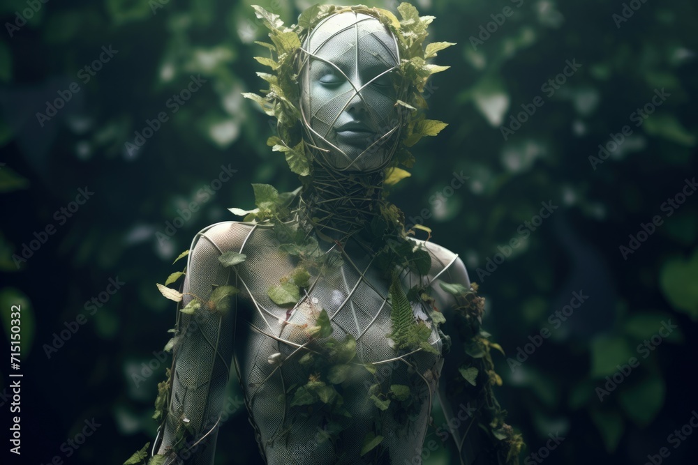 Fototapeta premium Human in Biometric Suit that Blends Seamlessly with Natural Elements, Concept of Reuniting Human with Nature