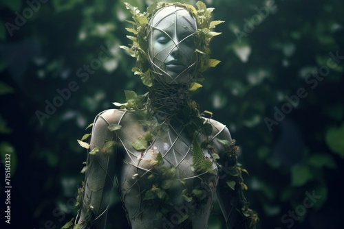 Human in Biometric Suit that Blends Seamlessly with Natural Elements, Concept of Reuniting Human with Nature