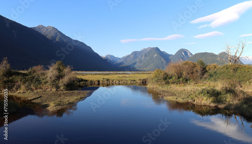Sunny day at meadows between mountains