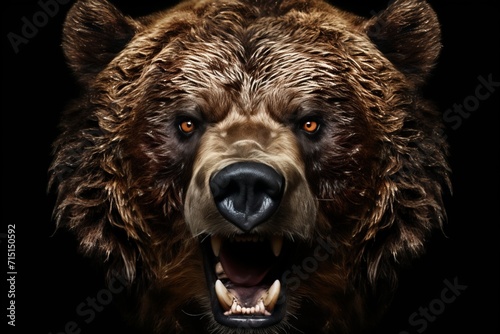 Fierce angry brown bear portrait isolated on black background for wildlife concept.