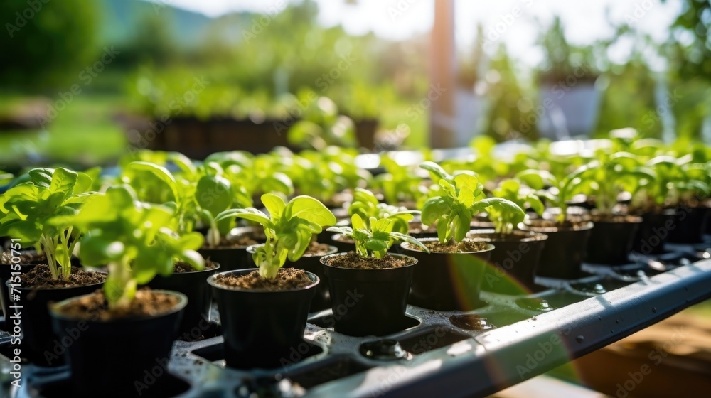 Closeup of a row of potted herbs, being watered by a drip irrigation system in an automated home gardening system. Closeup of a row of potted herbs, being watered by a drip irrigation system in an automated home gardening system.