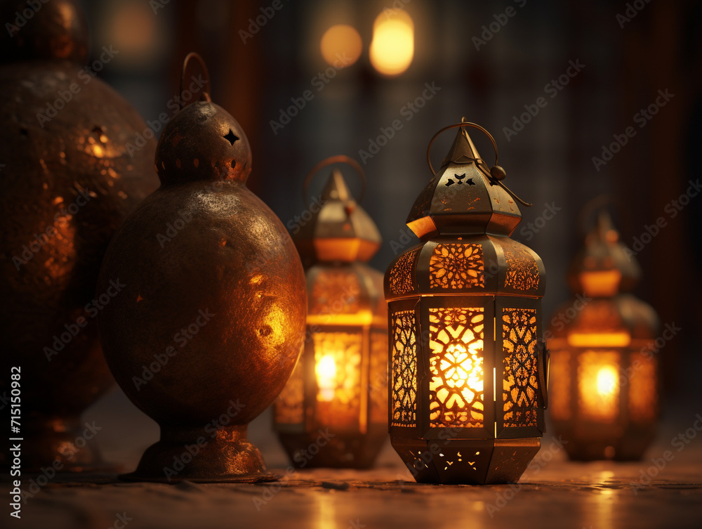 Ramadan Kareem decoration with Islamic lantern light on bokeh light background Ramadan Kareem decoration with Islamic lantern light on bokeh light background
