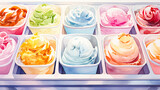 ショーケースに並んだ多彩なアイスクリームの水彩イラスト