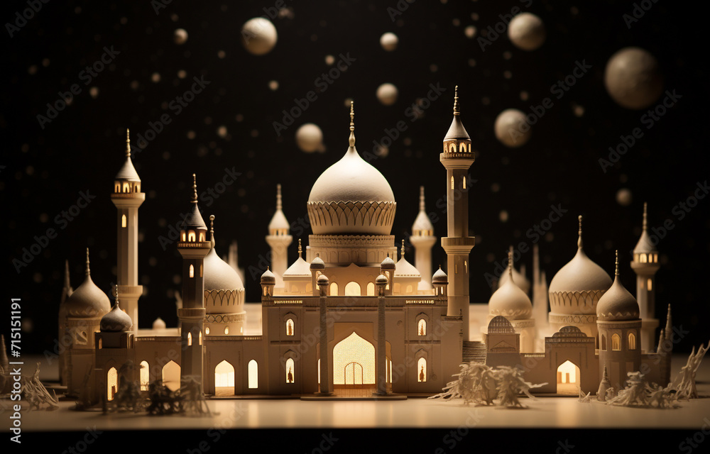 Obraz premium A beautiful golden Islamic mosque on crescent moon night in reflection water, Ramadan decoration, moon night view, Top View of a Mosque
