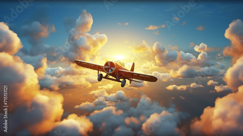 Vintage old propeller fighter plane flying in the sunset blue sky with clouds