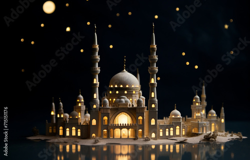 A beautiful golden Islamic mosque on crescent moon night in reflection water, Photography of a Mosque night view