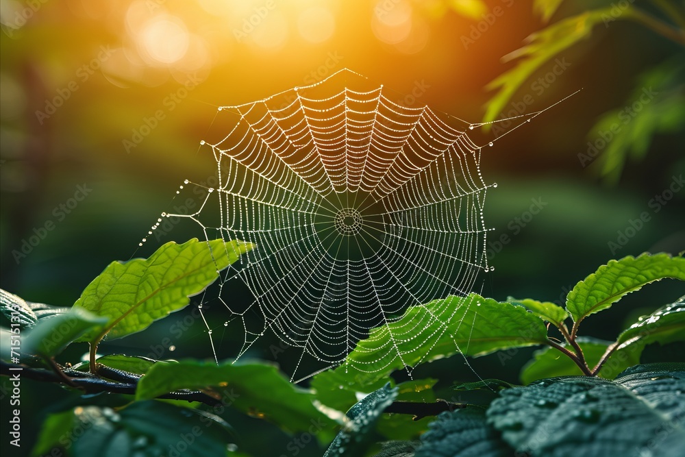Close up of a glistening spider s web with intricate patterns and dewdrops, illuminated by sunlight.