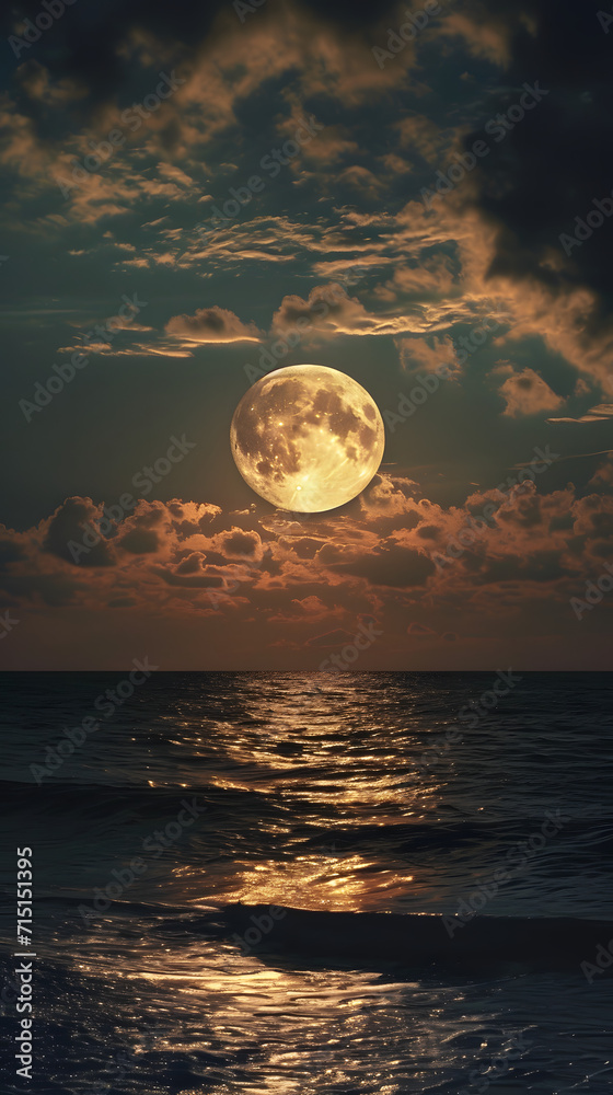 Celestial Serenity: A Nighttime Symphony on the Seashore with the Radiant Moon, AI Generative Celestial Serenity: A Nighttime Symphony on the Seashore with the Radiant Moon, AI Generative