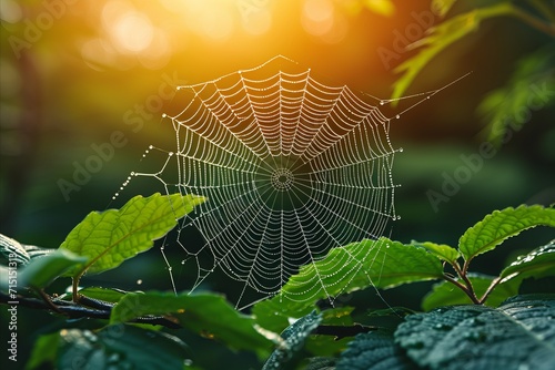 Close up of a glistening spider s web with intricate patterns and dewdrops, illuminated by sunlight. photo