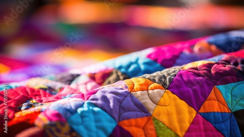 Closeup of a vibrant handmade quilt, stitched together by members of a local quilting club for a community fundraiser.