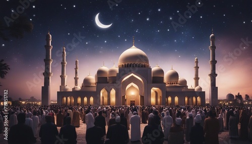 Ramadan Eid Prayers at a Majestic Mosque Under Crescent Moon photo