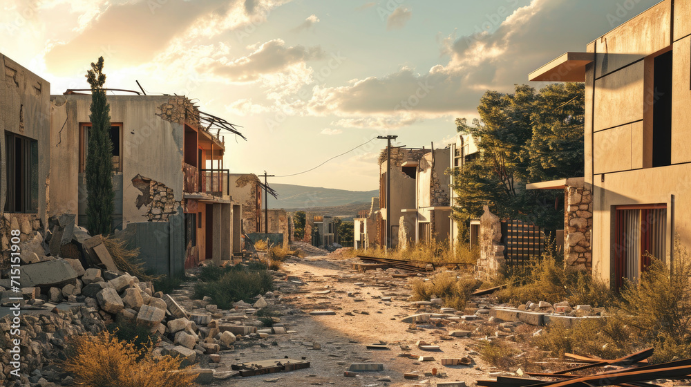 a post-apocalyptic scene with a ruined road and buildings. earthquake aftermath a post-apocalyptic scene with a ruined road and buildings. earthquake aftermath