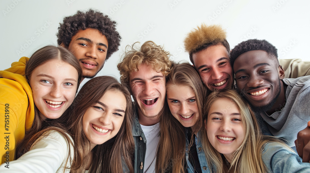 A group of young people posing for a picture, happy people taking picture together on white background A group of young people posing for a picture, happy people taking picture together on white background