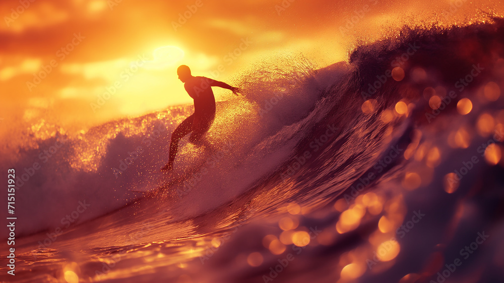 A professional surfer shown in silhouette while surfing in the wave tube in hawaii at sunset.