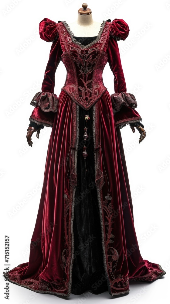 A red and black dress on a mannequin, victorian dress design on white background.