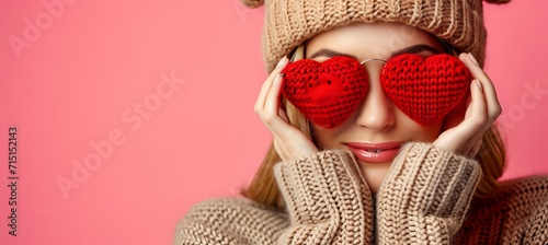 Valentine s day fashion model poses for love themed photo shoot on pink background with text space