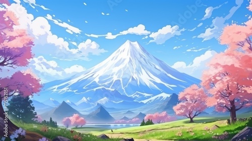 Mountains and cherry blossoms. Anime style landscape. Neural network AI generated art © mehaniq41