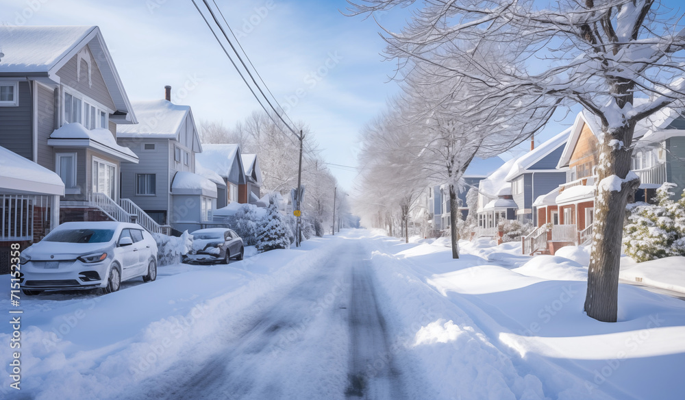 snowy street in a suburban residential area - holiday promotion ads assets snowy street in a suburban residential area - holiday promotion ads assets