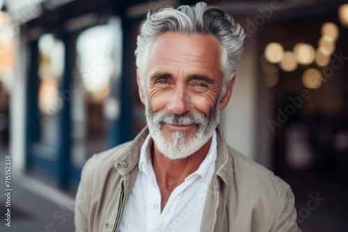 Portrait of a handsome senior man with grey hair and beard looking at camera while standing outdoors