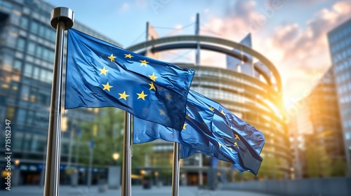 Eu flags waving in front of european parliament, symbolizing unity and diversity within the eu. photo