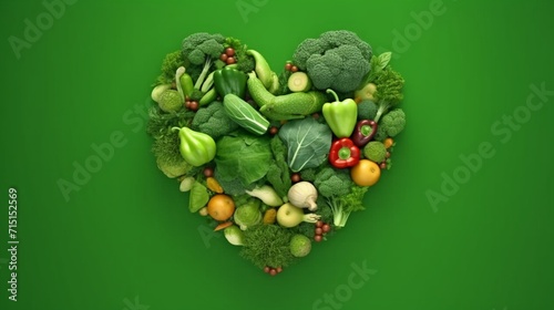 Heart shaped fresh veggies on a green backdrop Happy Ai Generative