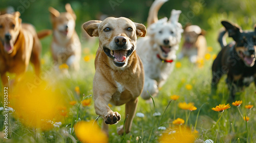 さまざまな種類の笑顔の犬が草原を駆け回っている photo