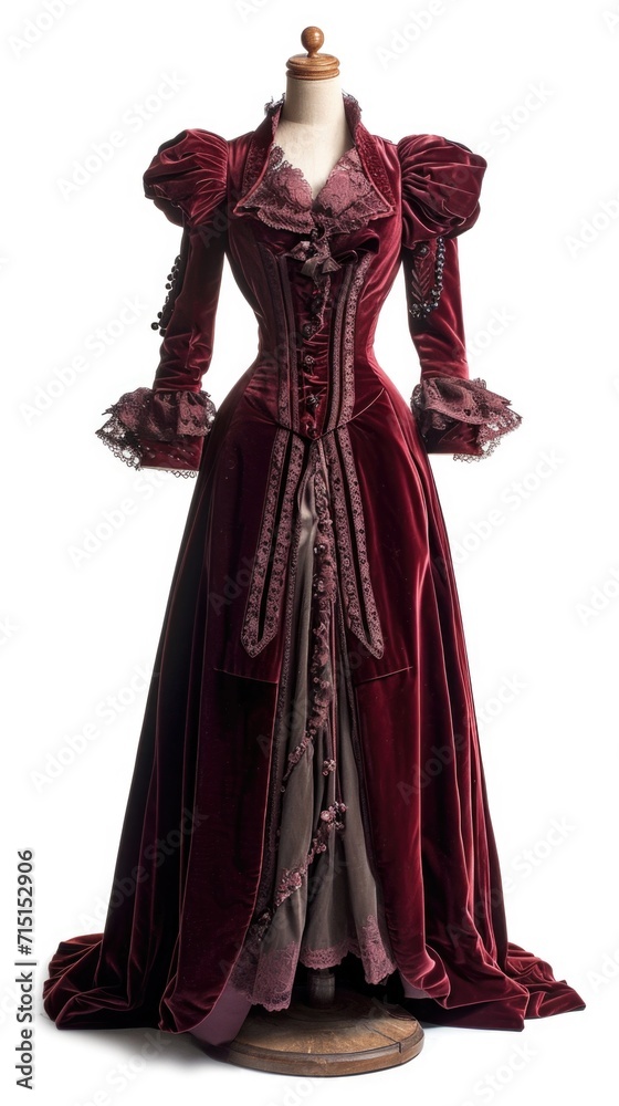 A woman's dress on a mannequin stand, victorian dress design on white background.