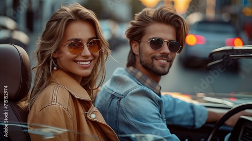 Joyful young couple enjoying summer vacation driving convertible car on city street