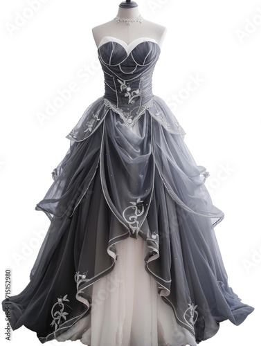 A black and white dress on a mannequin, modern prom dress design on white background.