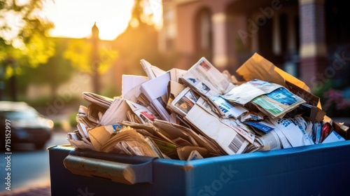 Detail of a recycling bin overflowing with flattened cardboard boxes and newspapers. photo