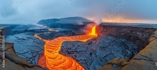 Majestic lava flow carving its path through the landscape after a powerful volcanic eruption