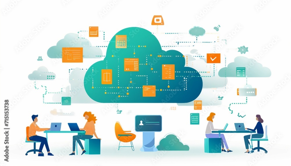 Collaboration in the Cloud, Illustrate the collaborative nature of cloud-based document management systems, showcasing teams working together in real-time, AI