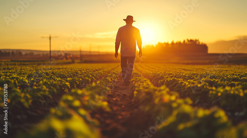 Farmer works in boots  field with young green sprouts. A silhouette of an old man with crutches in a field at sunset