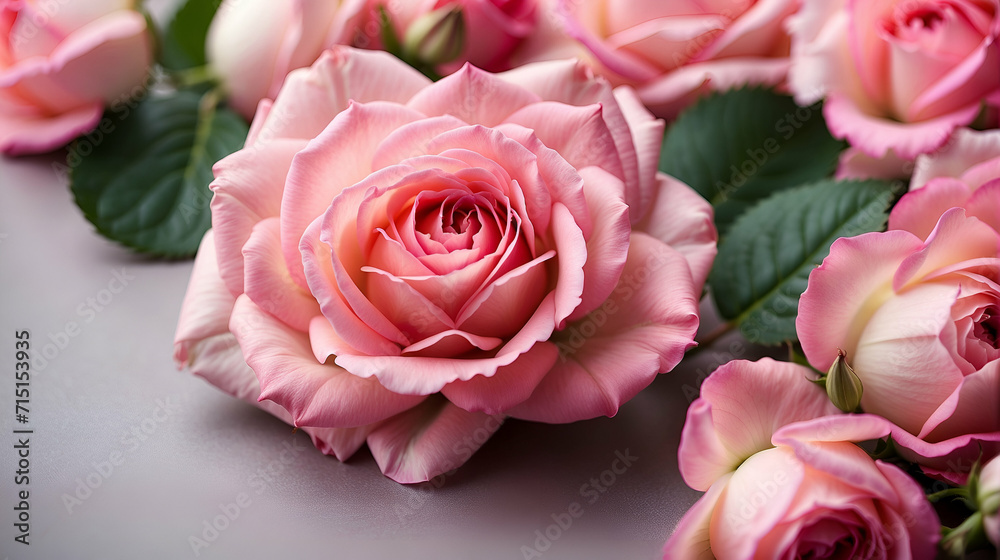 Top view of pink rose flower isolated background. empty space Wedding invitation cards. Valentine's day or mother day holiday concept