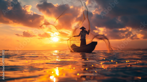  Asian fisherman on wooden boat casting a net for catching freshwater fish in nature river in the early morning before sunrise  photo