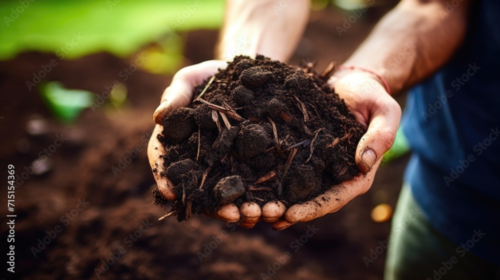 Closeup of a handful of rich, dark compost from a home composting system. - obrazy, fototapety, plakaty 