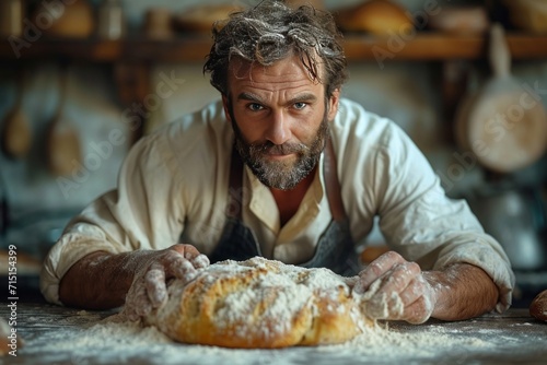 man kneading bread on a wooden table 