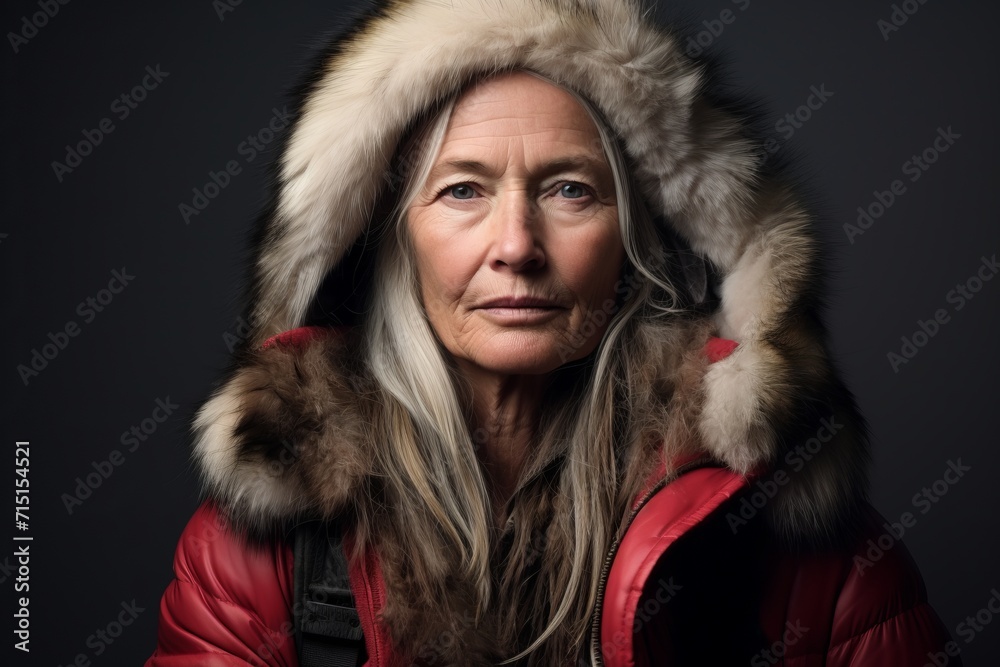 Portrait of an elderly woman in a red jacket. Studio shot.
