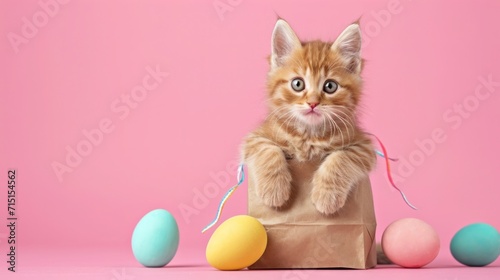 This charming kitten portrait, on a pimk background, complete with a ribbon detail and a collection of vibrant eggs, ushers in the festive Easter season g, kitten in bag banner with copy paste part photo
