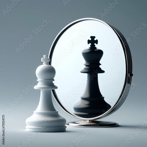3d render, chess game white pawn piece stands in front of the round mirror with reflection of black king. Contradiction or ambition metaphor. Perceptual distortion concept. Minimalist composition photo